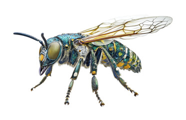 Obraz premium Vibrant and detailed depiction of an exotic bee resting on a white background, cut out