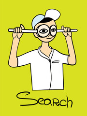 A person holds two magnifying glasses in his hands and looks through them. Vector illustration