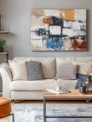Modern living room includes a sofa with abstract painting display