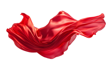 Flying red silk fabric. Waving satin cloth kept on white or transparent background