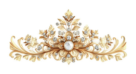Decorative gold and pearl ornament featuring intricate floral patterns and sparkling gems for elegant design purposes, cut out