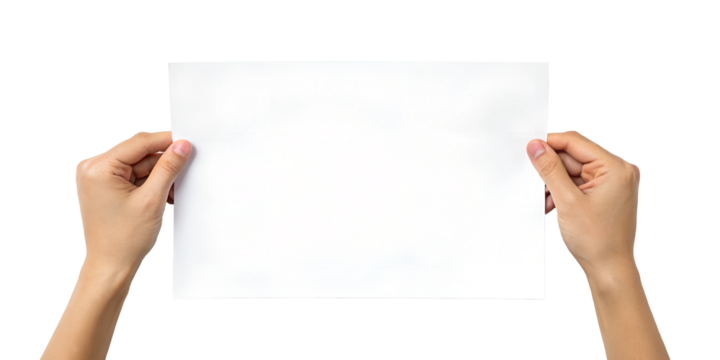 Hands Holding a Sheet of White Paper on White Background, Paper for Writing, Blank Canvas for Creativity, Cut Out