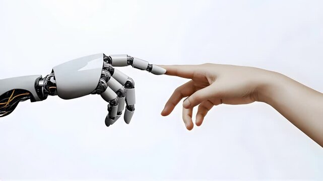 Cinematic presentation of a robotic hand reaching out to touch a human hand in a symbolic interaction of technology and humanity
