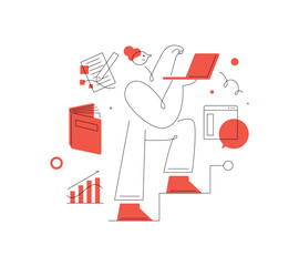 Online Education and Growth. Line illustration. A person walking up stairs. Abstract style.