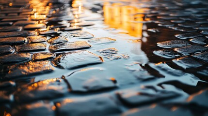Obraz premium Reflective Puddles on Cobblestones in Urban Light