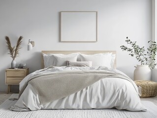 The white bedding and furniture depicts a modern bedroom design