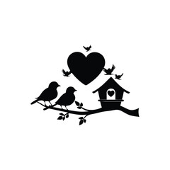 two birds on a branch with love icon.Valentines Day icon set vector illustration.