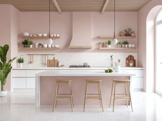 A modern kitchen presents its interior with plants and stools