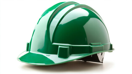 A green hard hat placed on a white surface, symbolizing safety and protection in construction.