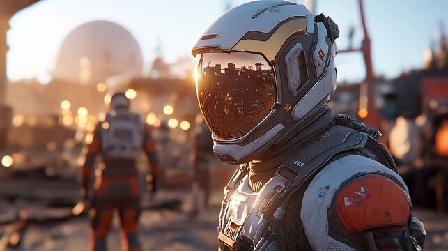 Astronaut on Mars colony sunset