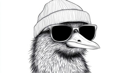 Obraz premium Monochrome Emu in Knit Beanie and Sunglasses