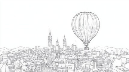 Line art illustration of a hot air balloon flying over a detailed city