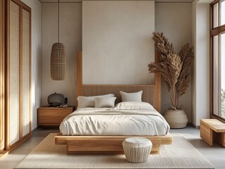 The interior showcases a bedroom with furniture and natural elements