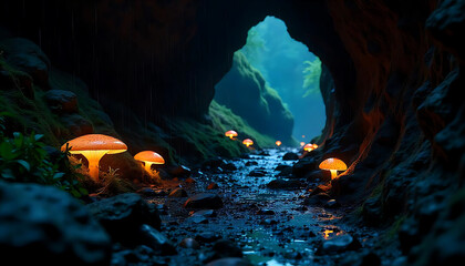 Fototapeta premium Dark Cave Entrance with Glowing Fungi on a Rainy Autumn Night, created with generative ai