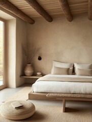 Bedroom with minimalist design features soft neutral color palette and wooden beams