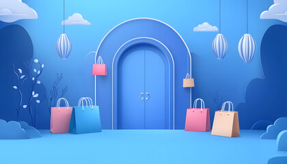 Serene Blue Shopping Scene Paper Bags by Archway Door