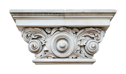 Detailed architectural capital showcasing intricate leaf designs and circular motifs for classical building decoration or educational purposes, cut out
