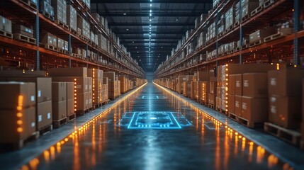 A vast warehouse filled with stacked boxes, illuminated pathways, and high shelves, showcasing logistics