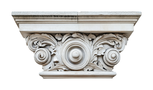 Detailed architectural capital showcasing intricate leaf designs and circular motifs for classical building decoration or educational purposes, cut out