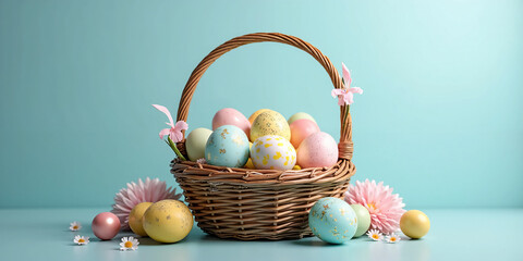 Cheerful Easter Basket with Brightly Colored Eggs – A Beautiful and Eye-Catching Visual for Holiday-Themed Branding and Easter Campaigns