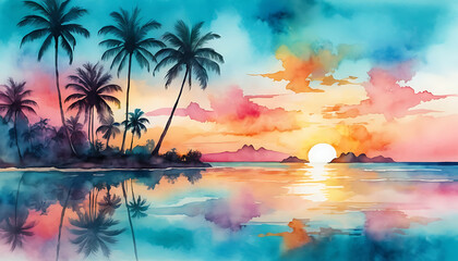 Tropical sunset over ocean with palm trees in vibrant watercolor painting