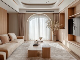 Modern living room features comfortable furniture and large windows