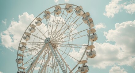 Fototapeta premium A majestic white ferris wheel reaches towards the sky against a backdrop of clouds