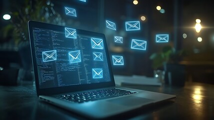Laptop with Code and Floating Email Icons, A laptop displaying code with floating email icons, symbolizing digital communication and technology