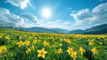 Fototapeta premium Vibrant Spring Landscape with Bright Yellow Daffodils Under Sunny Sky and Dramatic Mountains in Background