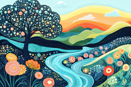 Colorful Australian Aboriginal dot art painting of a landscape.