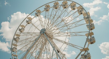 Elegant white ferris wheel soars against the backdrop of a serene sky with clouds