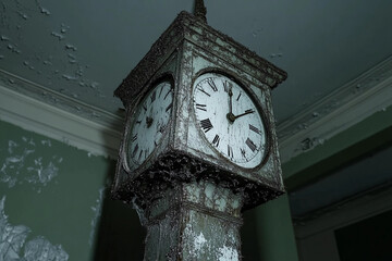 Old factory clock tower frozen in time within a dilapidated building