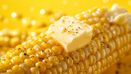 A delicious shot of roasted corn with melting butter, against a bright yellow backdrop.