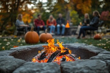 Group of friends or family enjoying outdoor time together by the warmth of a fire pit, great for camping trips or backyard gatherings
