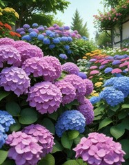 Hydrangea blooms in garden surrounded by colorful flowers,  petals,  spring,  flowers