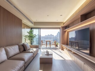 Fototapeta premium A modern living room features wooden accents and elegant design elements
