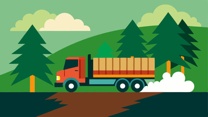Obraz premium Tree Logging A large logging truck loaded with trees driving through a lush green forest leaving behind a trail of destruction and fallen branches.