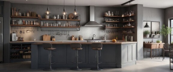 Industrial-chic kitchen with a long gray L-shaped bar and corner shelves, gray,  minimalist,  bar