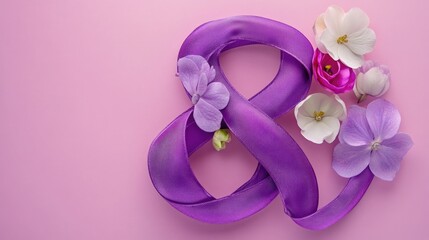 A beautiful purple ribbon with flowers on a pink background, ideal for gift wrapping or decoration