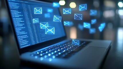 Laptop with Code and Floating Email Icons, A laptop displaying code with floating email icons, symbolizing digital communication and technology