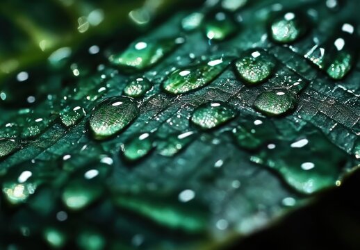 A close-up of glistening water droplets resting on the edge of an emerald green leaf, reflecting the lush forest in soft focus. The raindrops sparkle like tiny diamonds against the smooth, natural