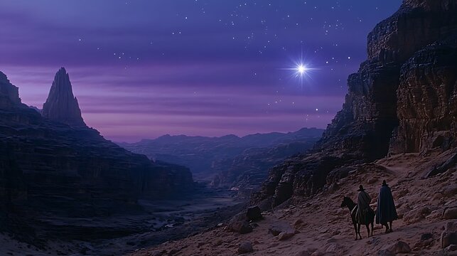 Horse riders crossing desert at night, starry sky
