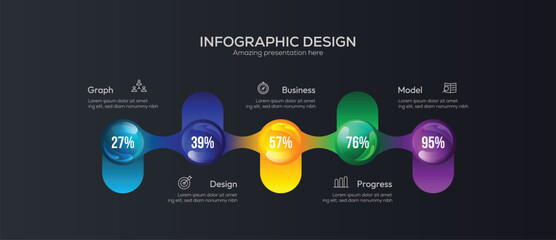 Business 5 option infographic presentation vector 3D colorful balls illustration. 5 Stage Circular Diagram, Business Development Process, Horizontal Process Infographic