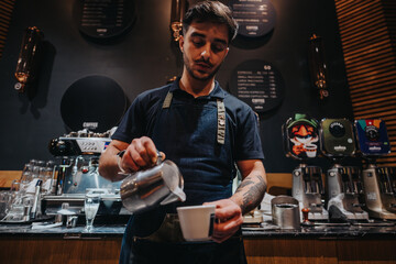 A barista focuses on pouring milk into a coffee cup, captured in a stylish cafe.