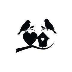 two birds on a branch with love icon.Valentines Day icon set vector illustration.
