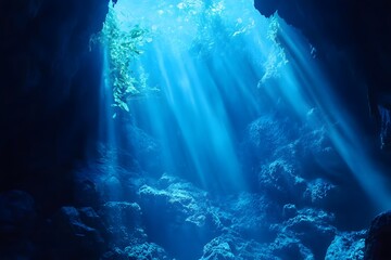 Underwater cave with sunbeams penetrating deep blue water. Majestic ocean scene with rocky formations and coral. Diving adventure, marine life, nature exploration concept. Serene aquatic environment