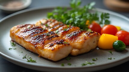 Grilled fish plate with fresh greens on dark table