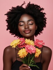 Naklejka premium Attractive pleased dark skinned model receives flowers as present, stands with closed eyes, enjoys her favorite gerberas, isolated on pink background. Romantic portrait. Woman gets gift from husband