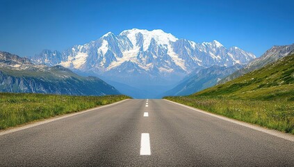 Fototapeta premium Asphalt Road Leads to Majestic Snowy Mountain Peak under a Vivid Blue Sky