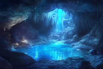 Mysterious ice cave with glowing blue pool. Magical underground grotto with icicles and frozen waterfalls. Fantasy landscape for adventure, exploration, or nature themes